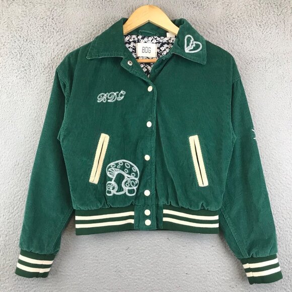 BDG Delia Corduroy Embroidered Varsity Jacket SZ XS Green - Picture 2 of 12